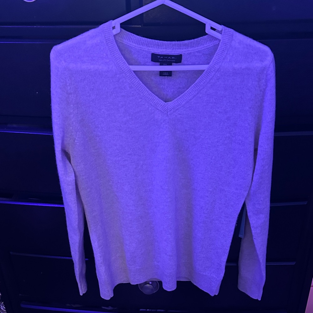 Tahari Long Sleeve V-Neck Sweater - Cream
